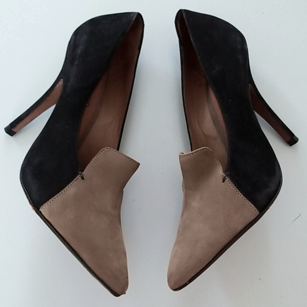 Schutz Black & Tan Pointy Toe Loafer Suede Pumps - Picture 3 of 14